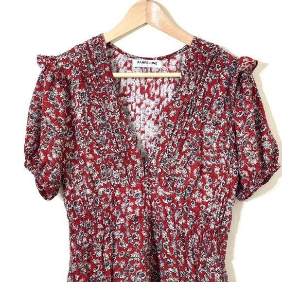 Pampelone Floral Dress Pleated Ruffle Deep V-Neck Puff Sleeve Tiered Babydoll - Picture 3 of 15